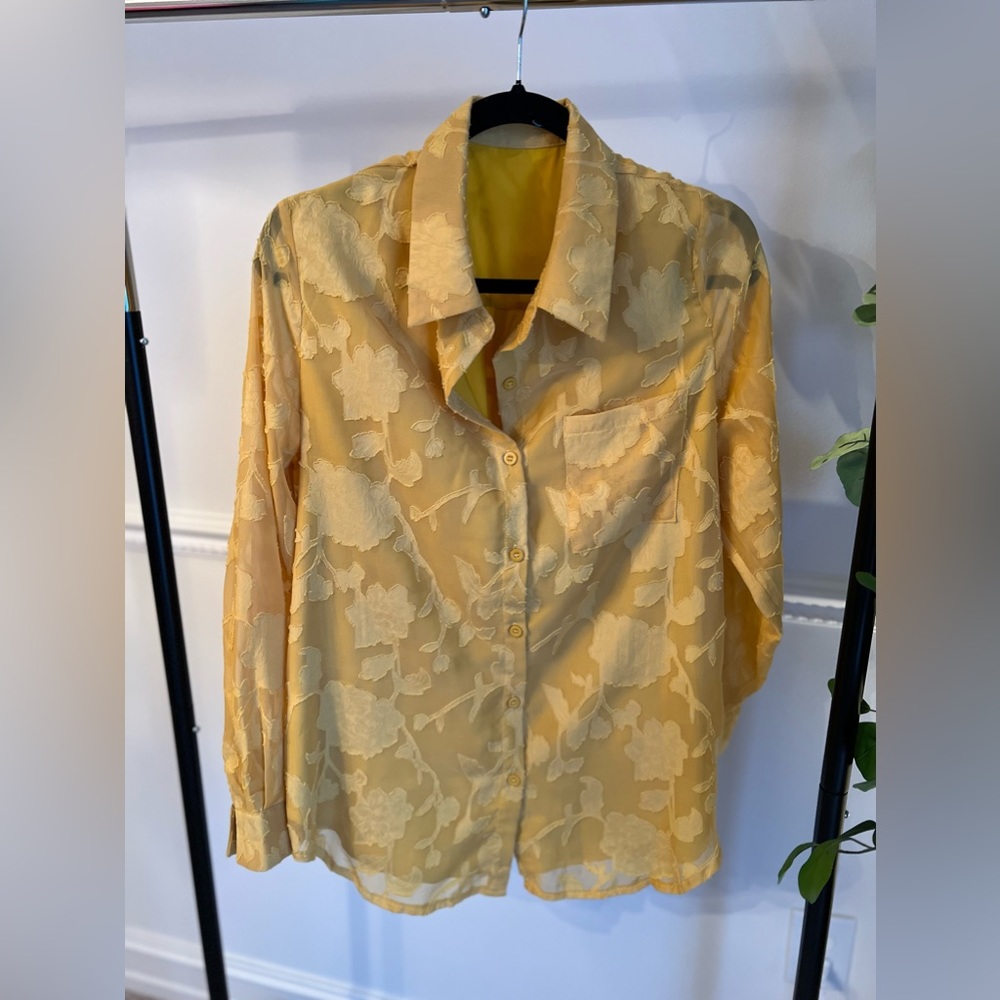 Sassy mustard button down with sheer sleeves